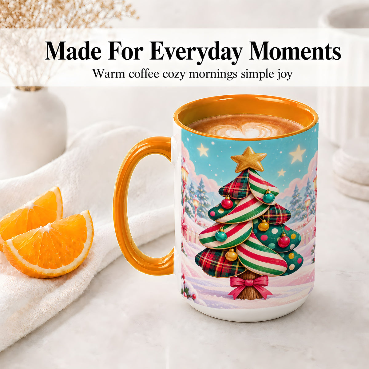 #pl[15oz|Orange] Plaid Christmas Tree Accent Mug, Ceramic Cup with Festive Artwork