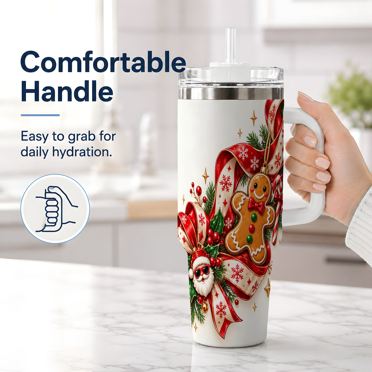 #pl[40oz|White] Christmas Gingerbread Tumbler, 40oz Stainless Steel Holiday Cup