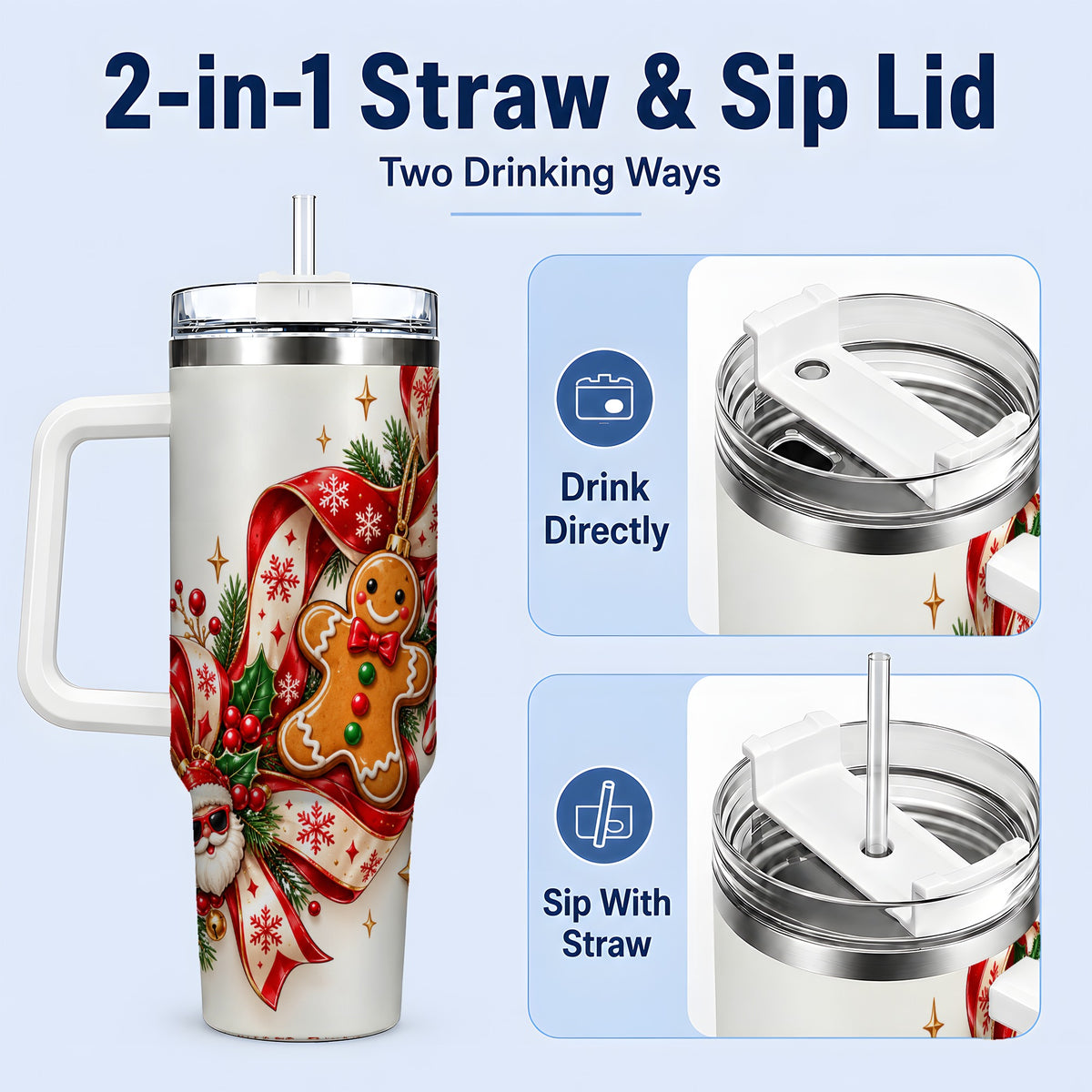 #pl[40oz|White] Christmas Gingerbread Tumbler, 40oz Stainless Steel Holiday Cup
