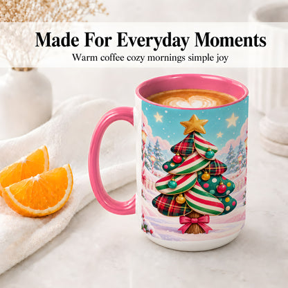 #pl[15oz|Pink] Plaid Christmas Tree Accent Mug, Ceramic Cup with Festive Artwork