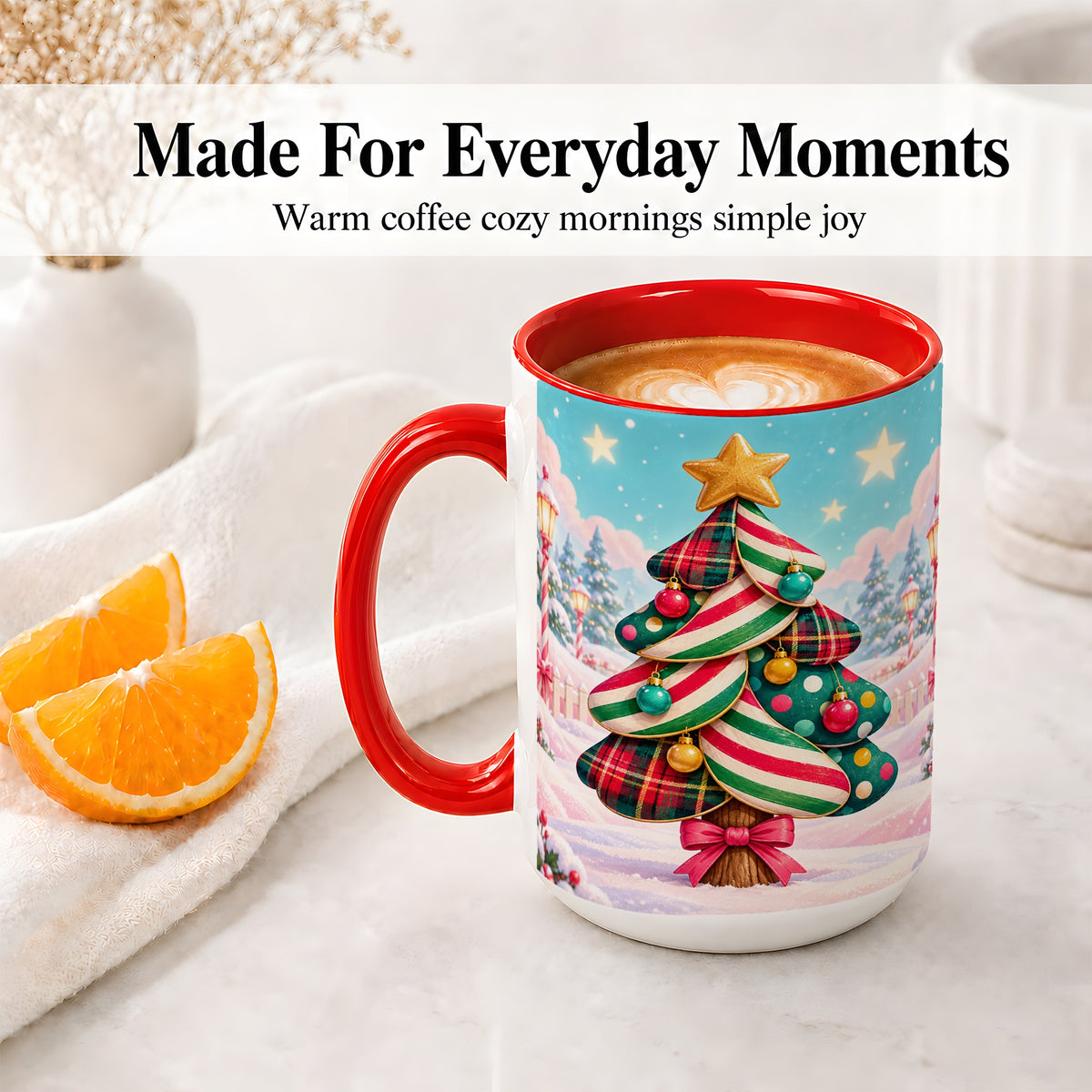 #pl[15oz|Red] Plaid Christmas Tree Accent Mug, Ceramic Cup with Festive Artwork