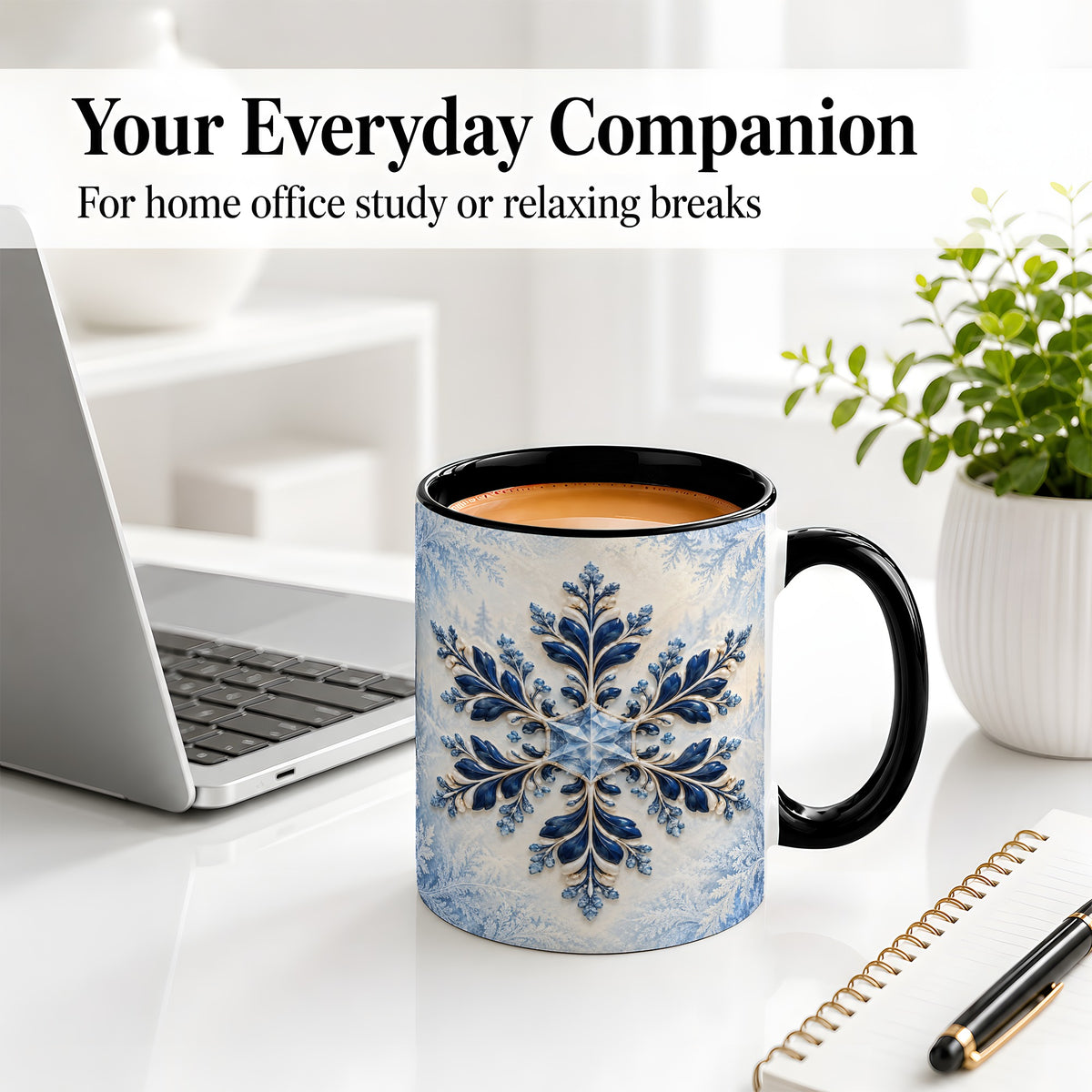 #pl[11oz|Black] Sapphire Blue Snowflake Accent Mug, Ceramic Winter Coffee Cup