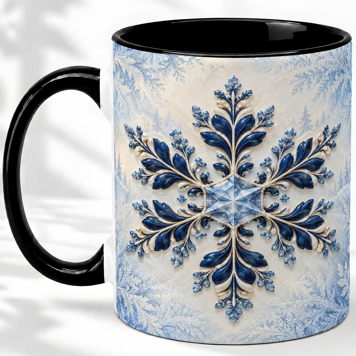 #pl[11oz|Black] Sapphire Blue Snowflake Accent Mug, Ceramic Winter Coffee Cup