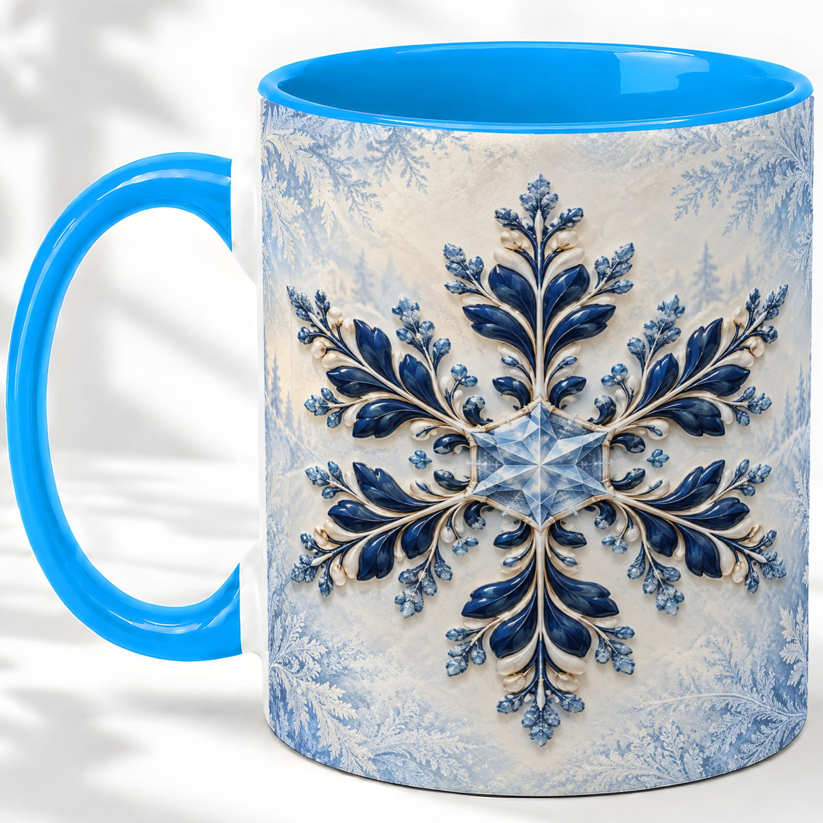 #pl[11oz|Blue] Sapphire Blue Snowflake Accent Mug, Ceramic Winter Coffee Cup