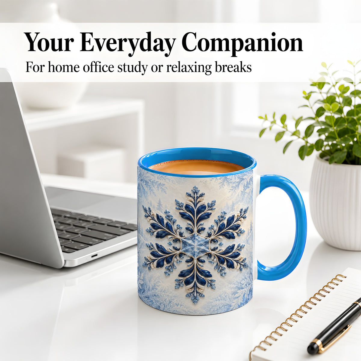#pl[11oz|Blue] Sapphire Blue Snowflake Accent Mug, Ceramic Winter Coffee Cup