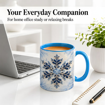 #pl[11oz|Blue] Sapphire Blue Snowflake Accent Mug, Ceramic Winter Coffee Cup