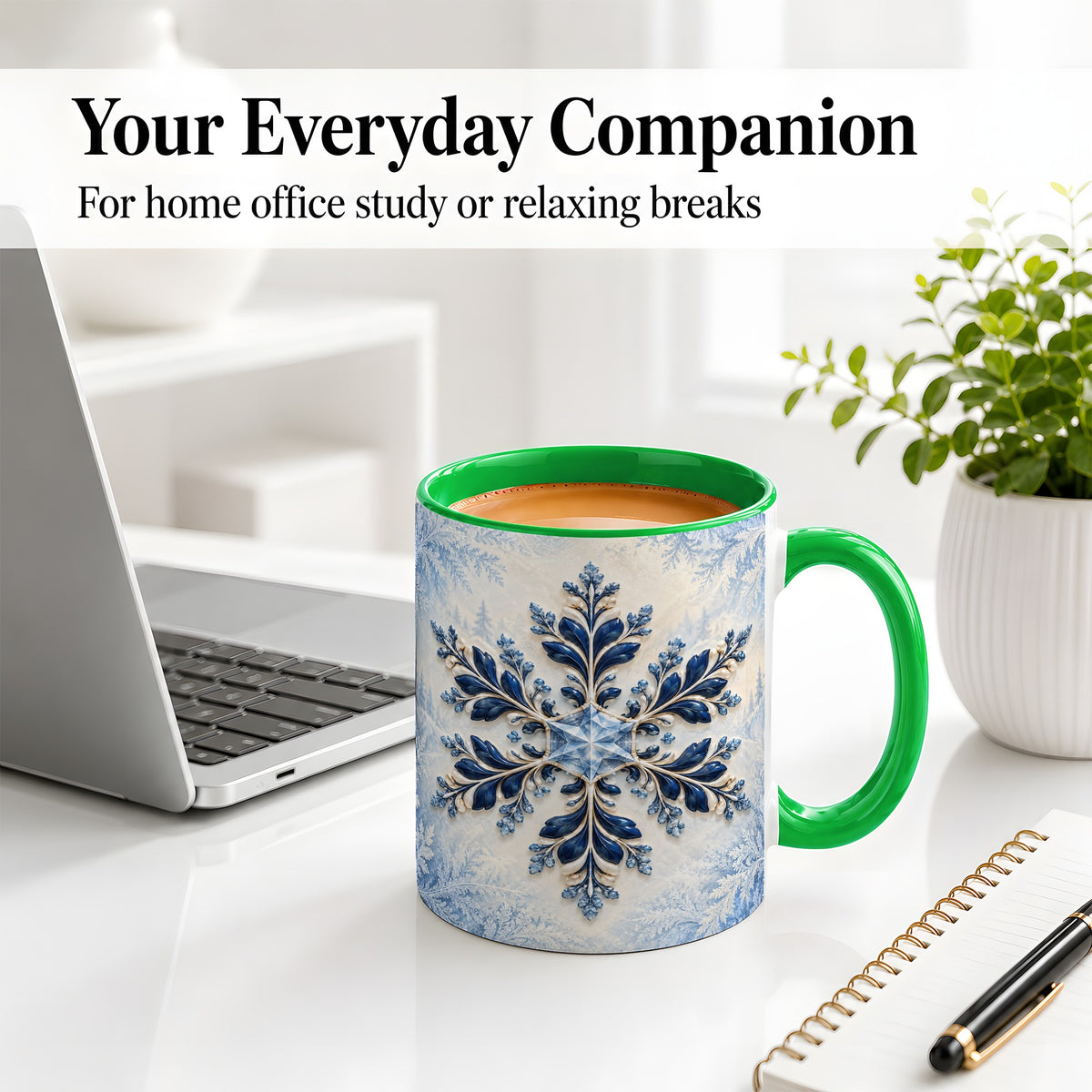 #pl[11oz|Green] Sapphire Blue Snowflake Accent Mug, Ceramic Winter Coffee Cup