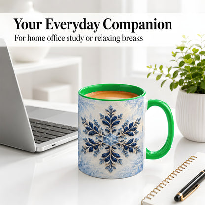 #pl[11oz|Green] Sapphire Blue Snowflake Accent Mug, Ceramic Winter Coffee Cup