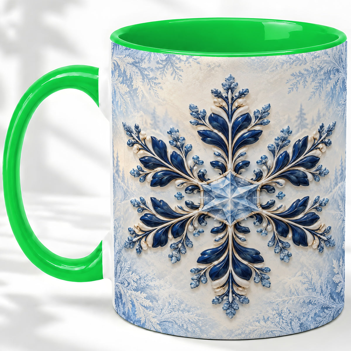 #pl[11oz|Green] Sapphire Blue Snowflake Accent Mug, Ceramic Winter Coffee Cup