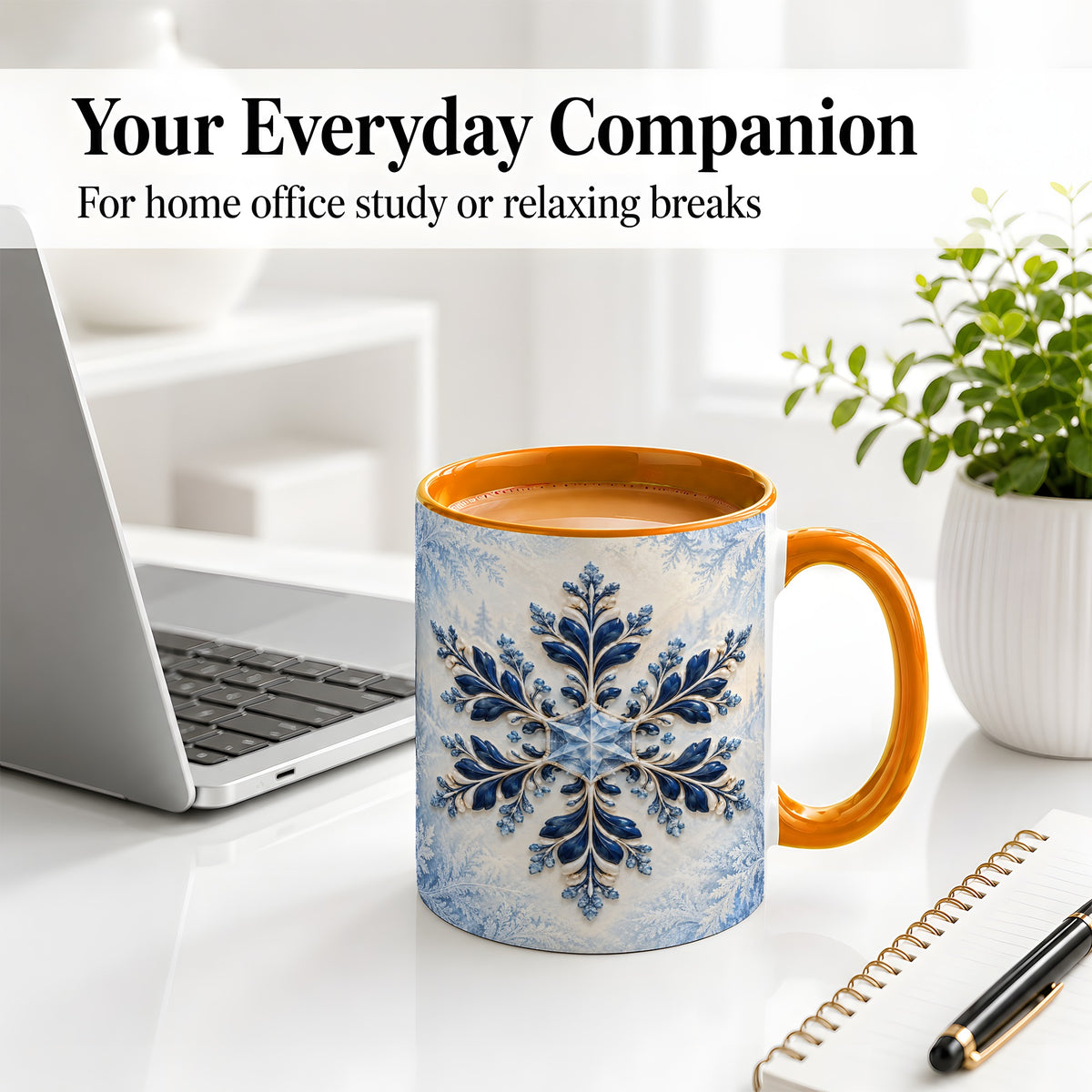 #pl[11oz|Orange] Sapphire Blue Snowflake Accent Mug, Ceramic Winter Coffee Cup