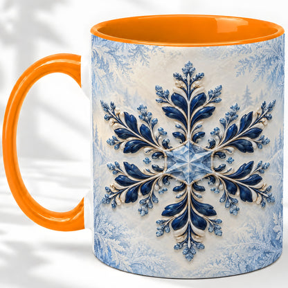 #pl[11oz|Orange] Sapphire Blue Snowflake Accent Mug, Ceramic Winter Coffee Cup