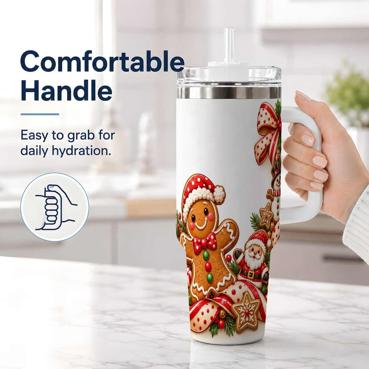 #pl[40oz|White] Christmas Gingerbread Tumbler, 40oz Stainless Steel Festive Cup