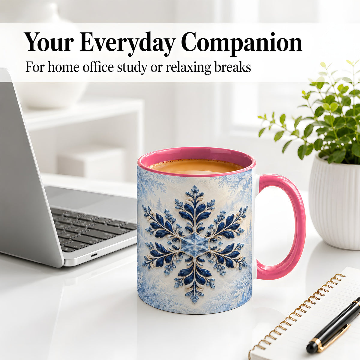 #pl[11oz|Pink] Sapphire Blue Snowflake Accent Mug, Ceramic Winter Coffee Cup