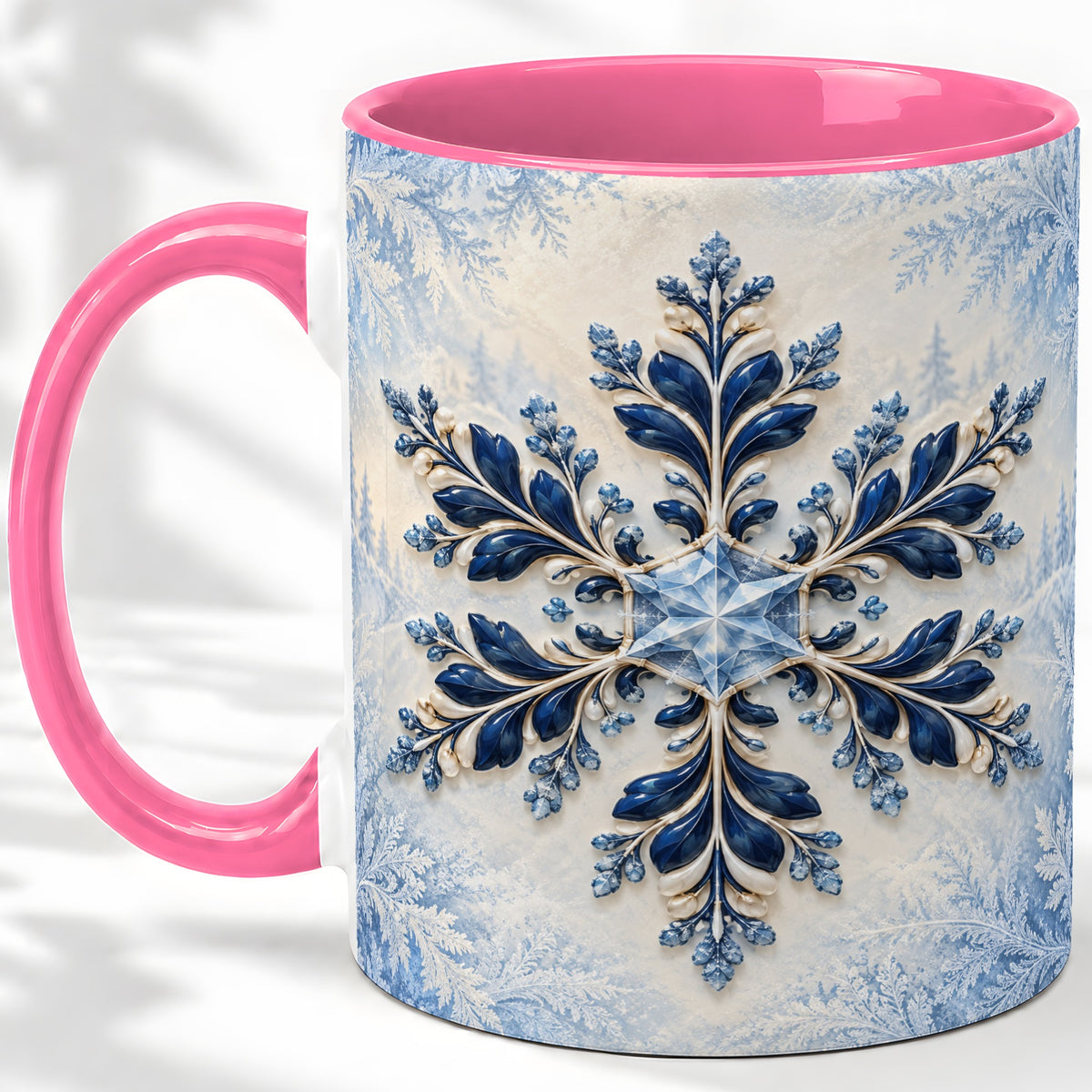 #pl[11oz|Pink] Sapphire Blue Snowflake Accent Mug, Ceramic Winter Coffee Cup