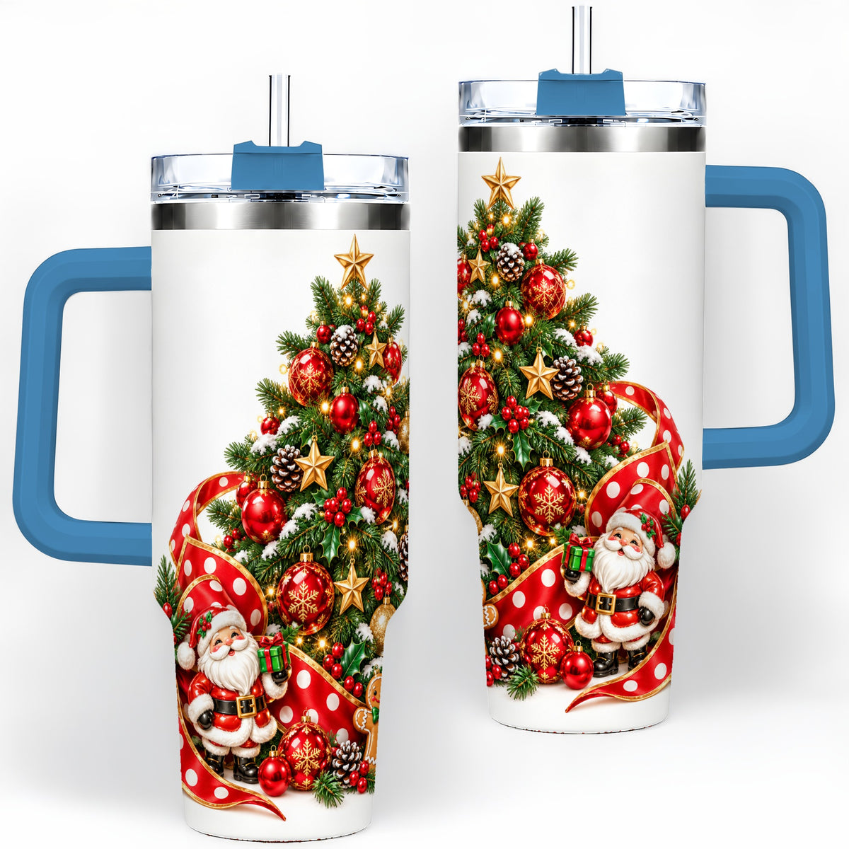 #pl[40oz|Blue] Christmas Tree Tumbler, 40oz Stainless Steel with Holiday Ornaments