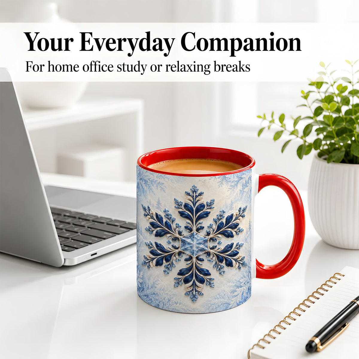 #pl[11oz|Red] Sapphire Blue Snowflake Accent Mug, Ceramic Winter Coffee Cup
