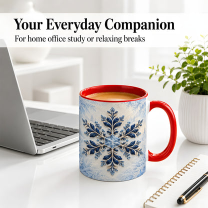 #pl[11oz|Red] Sapphire Blue Snowflake Accent Mug, Ceramic Winter Coffee Cup