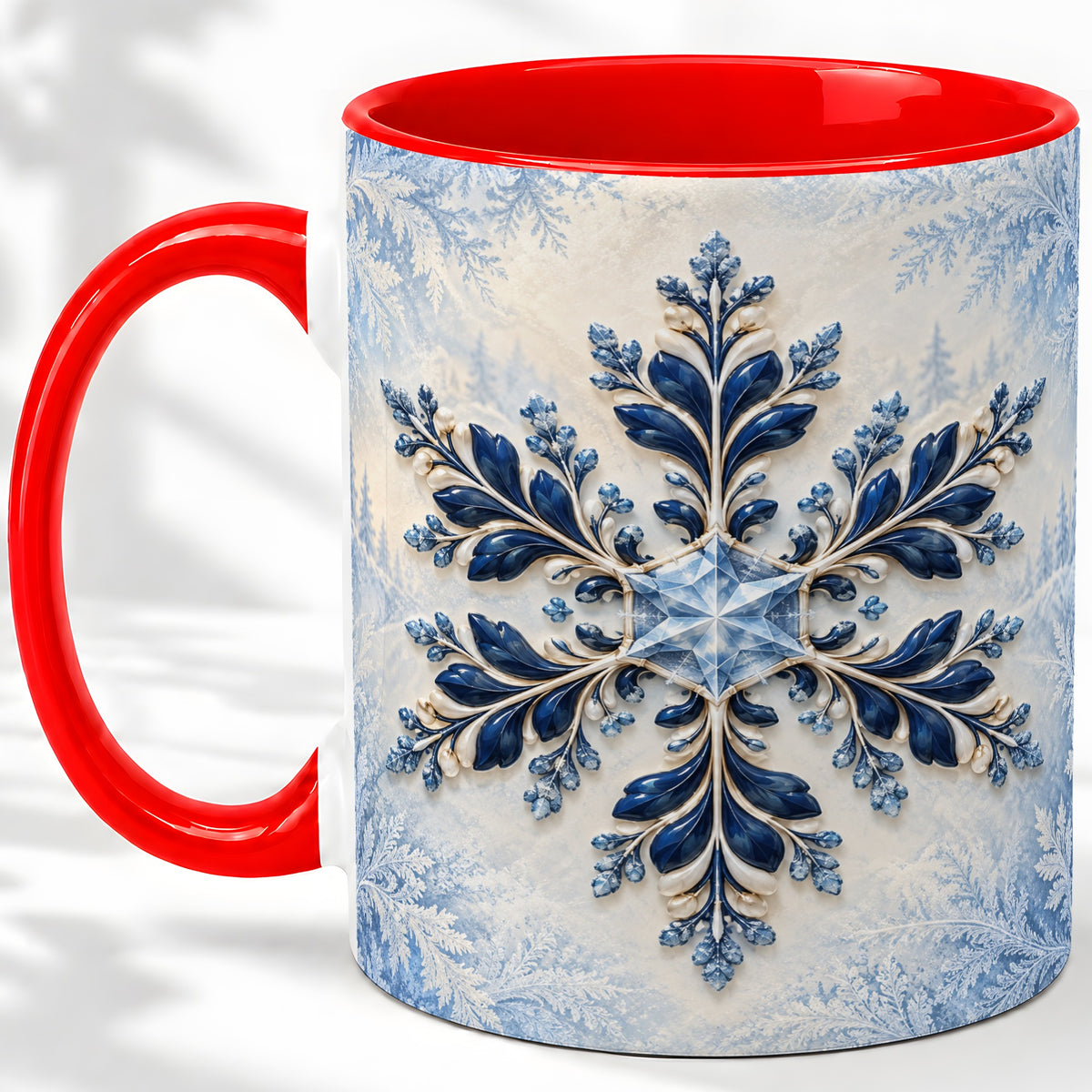 Sapphire Blue Snowflake Accent Mug, Ceramic Winter Coffee Cup