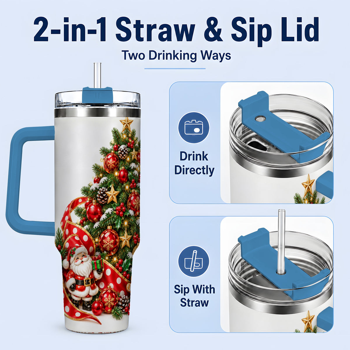 #pl[40oz|Blue] Christmas Tree Tumbler, 40oz Stainless Steel with Holiday Ornaments