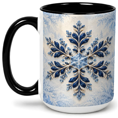#pl[15oz|Black] Sapphire Blue Snowflake Accent Mug, Ceramic Winter Coffee Cup
