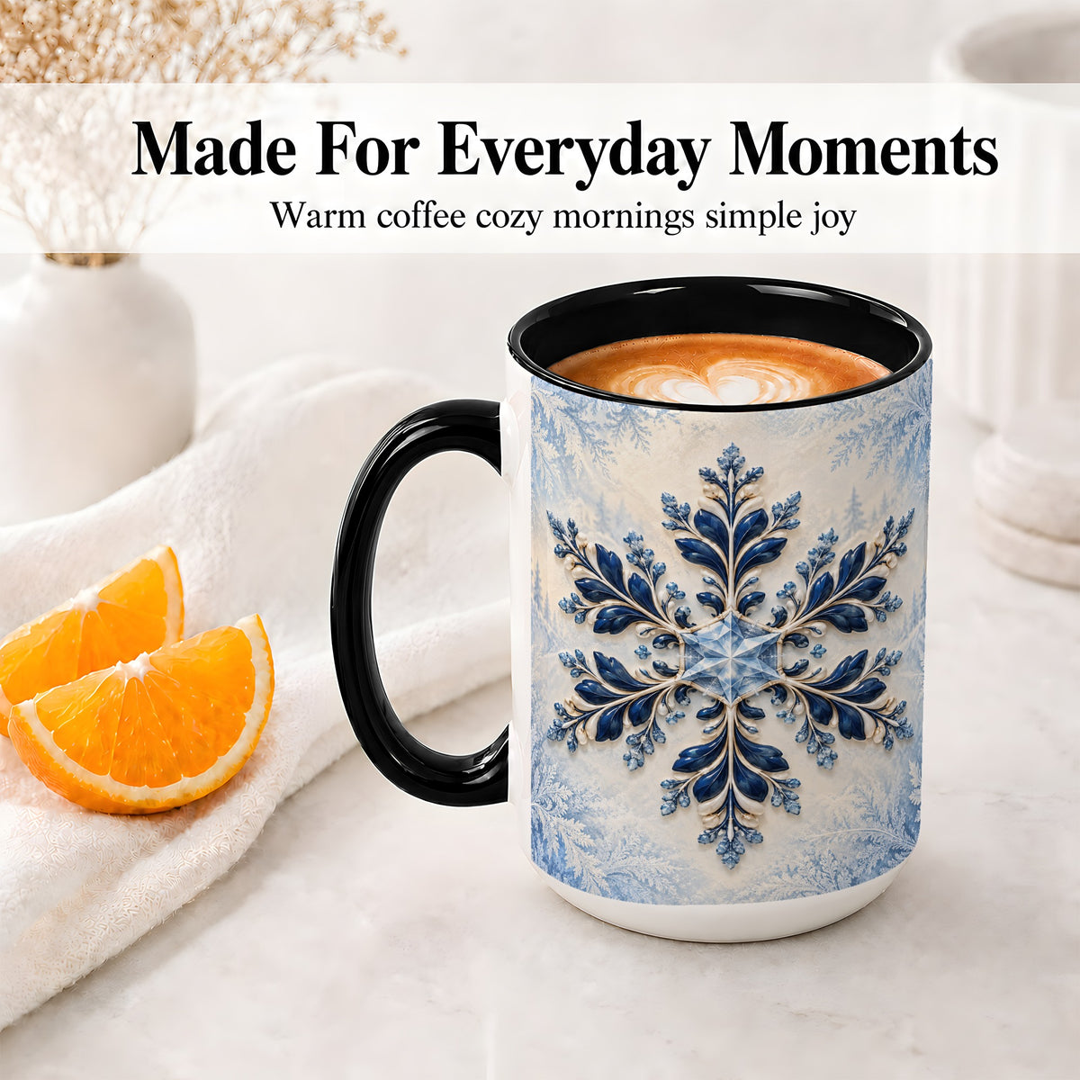 #pl[15oz|Black] Sapphire Blue Snowflake Accent Mug, Ceramic Winter Coffee Cup