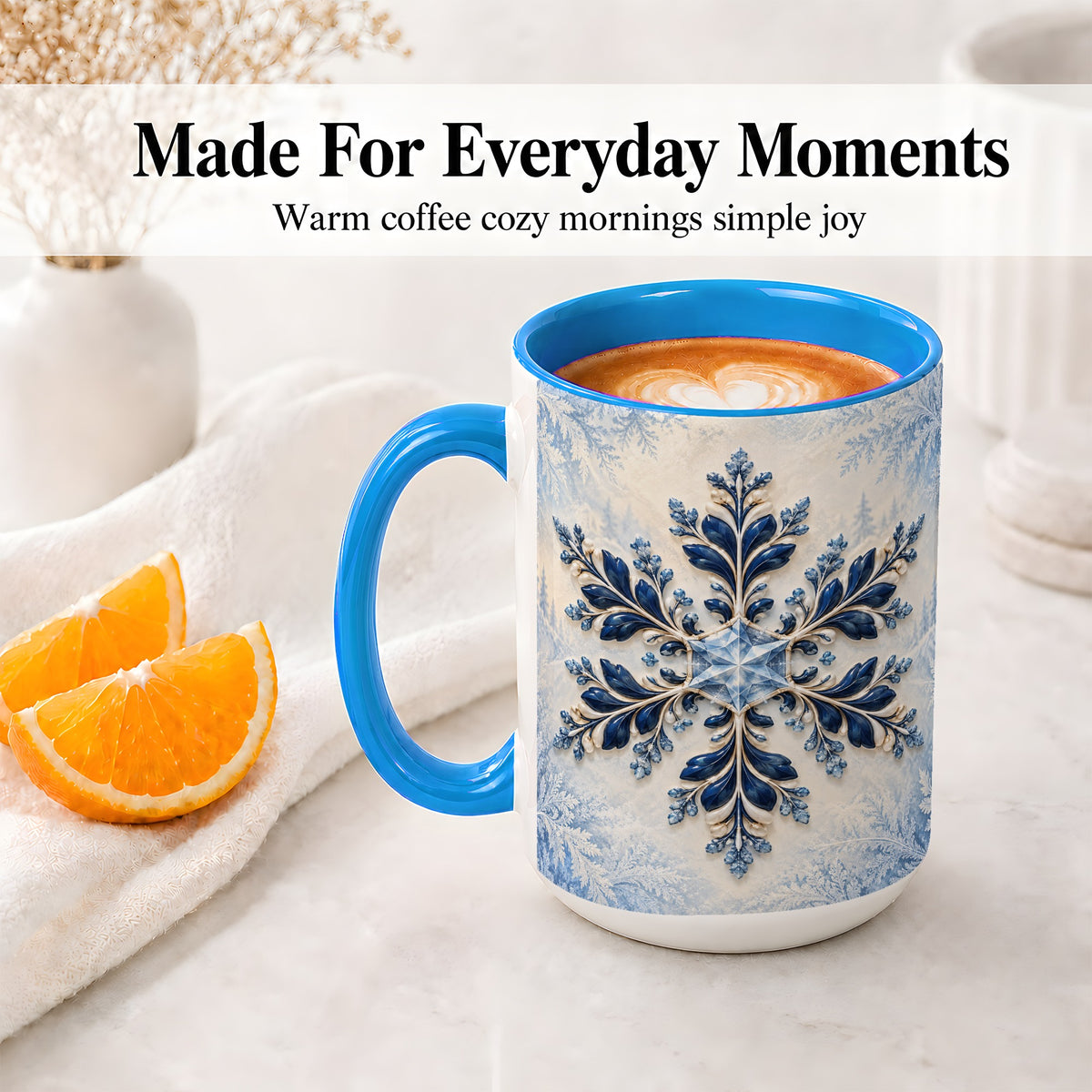 #pl[15oz|Blue] Sapphire Blue Snowflake Accent Mug, Ceramic Winter Coffee Cup
