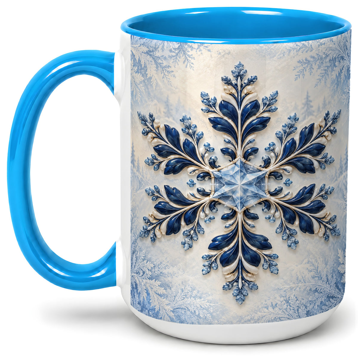 #pl[15oz|Blue] Sapphire Blue Snowflake Accent Mug, Ceramic Winter Coffee Cup