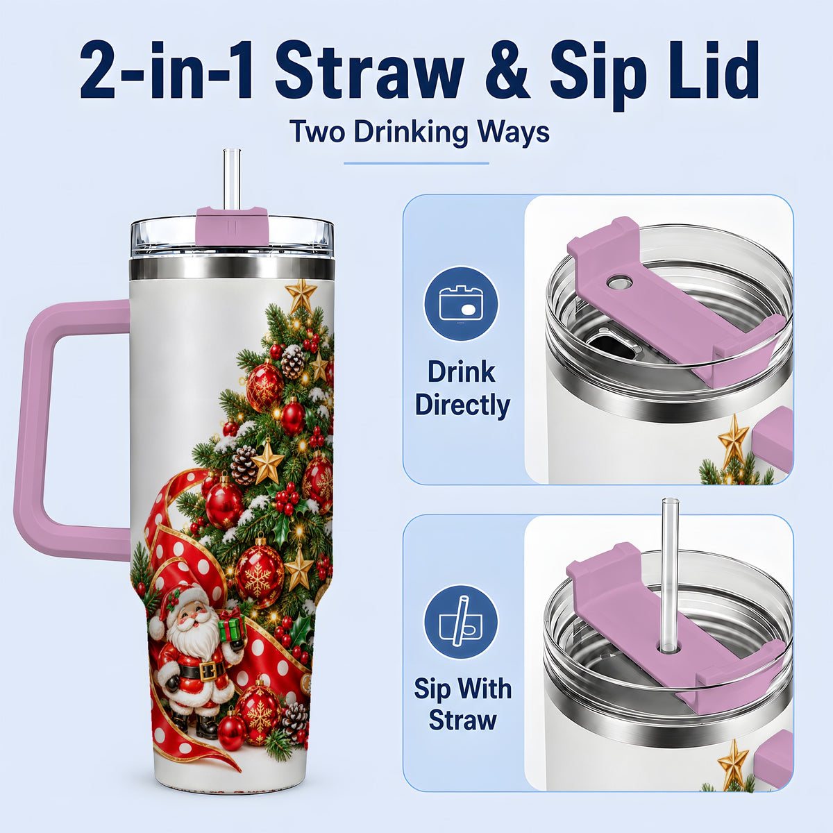 #pl[40oz|Pink] Christmas Tree Tumbler, 40oz Stainless Steel with Holiday Ornaments