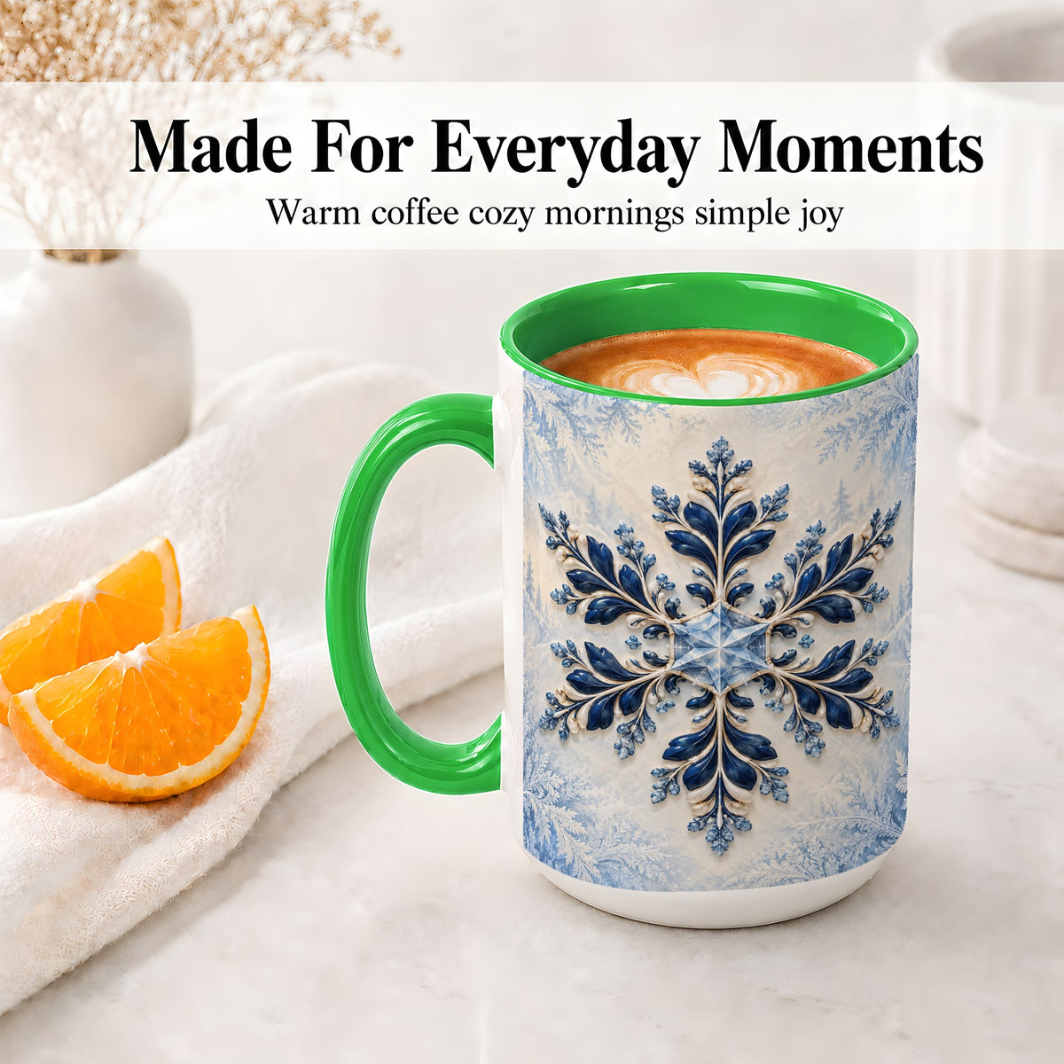 #pl[15oz|Green] Sapphire Blue Snowflake Accent Mug, Ceramic Winter Coffee Cup