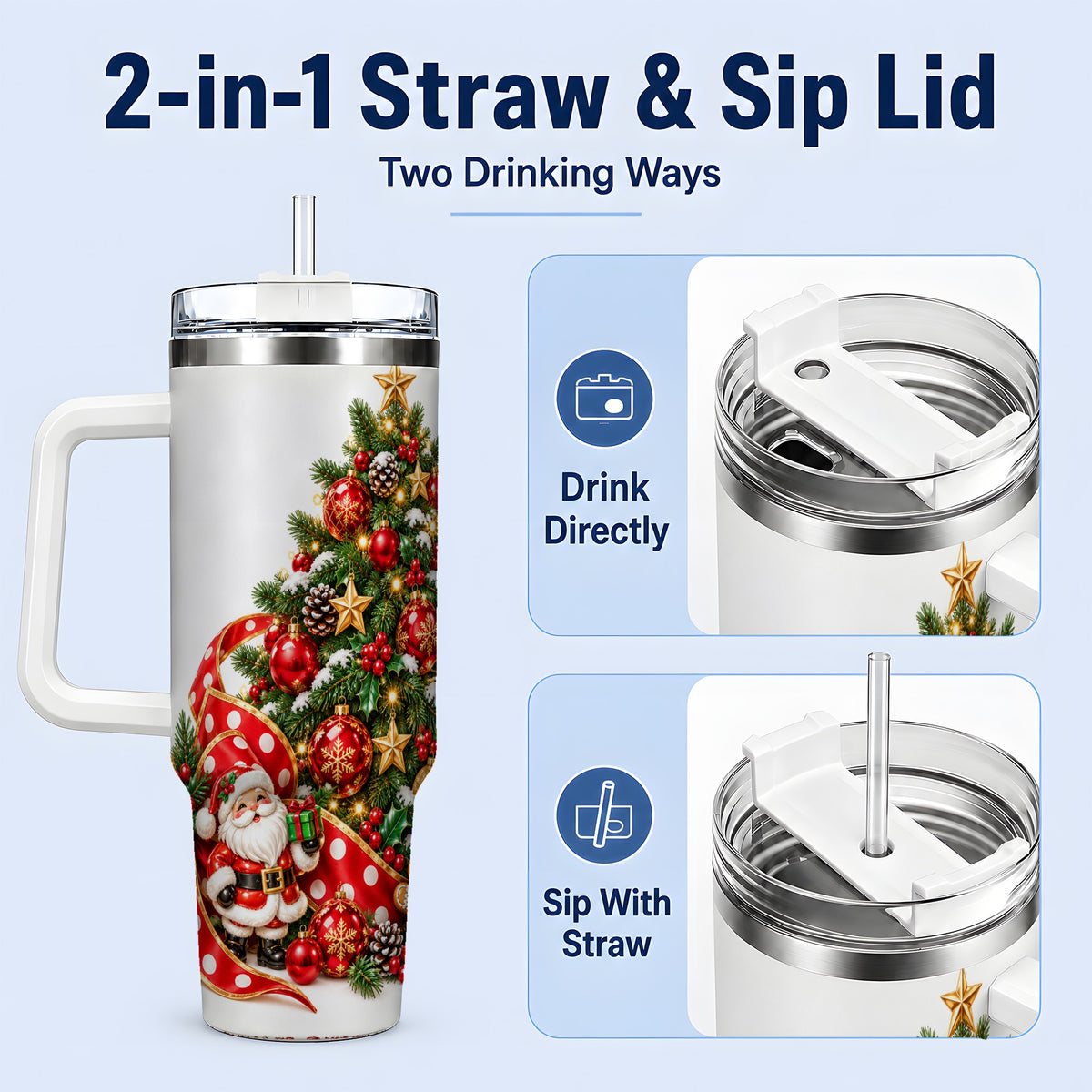 #pl[40oz|White] Christmas Tree Tumbler, 40oz Stainless Steel with Holiday Ornaments