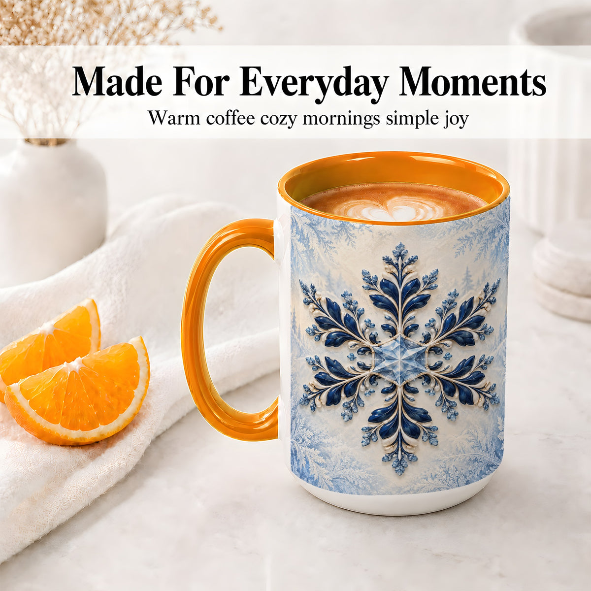 #pl[15oz|Orange] Sapphire Blue Snowflake Accent Mug, Ceramic Winter Coffee Cup