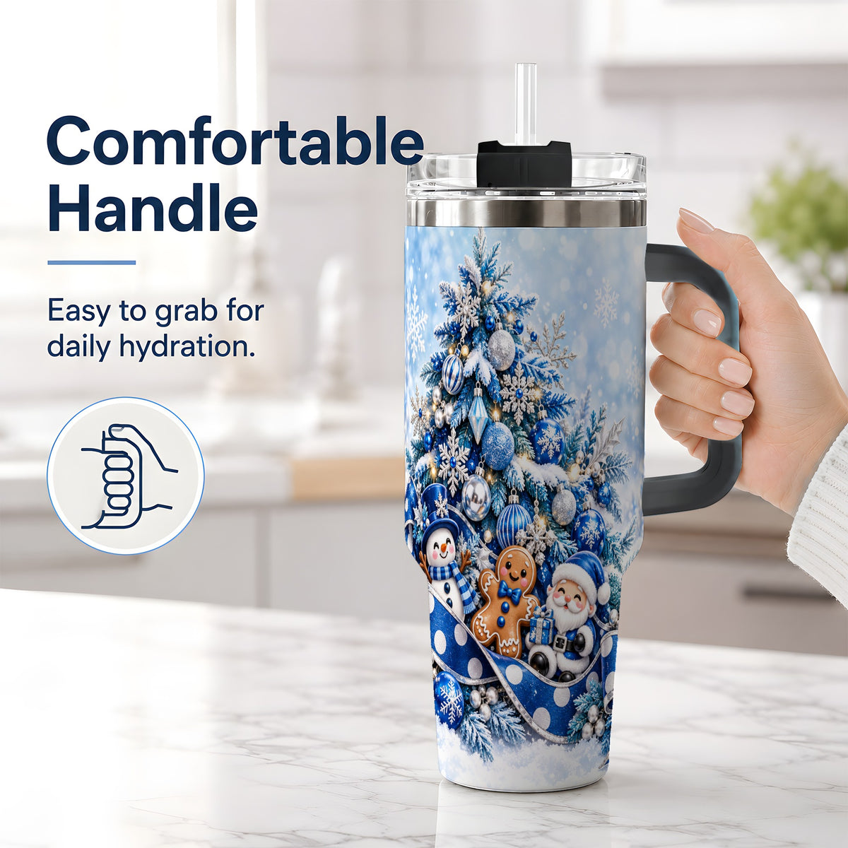 #pl[40oz|Black] Blue Christmas Tree Tumbler, 40oz Stainless Steel Snowflake Cup