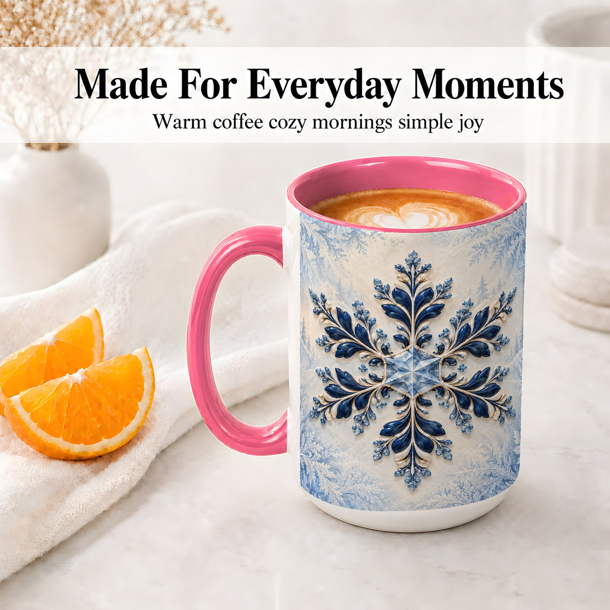 #pl[15oz|Pink] Sapphire Blue Snowflake Accent Mug, Ceramic Winter Coffee Cup