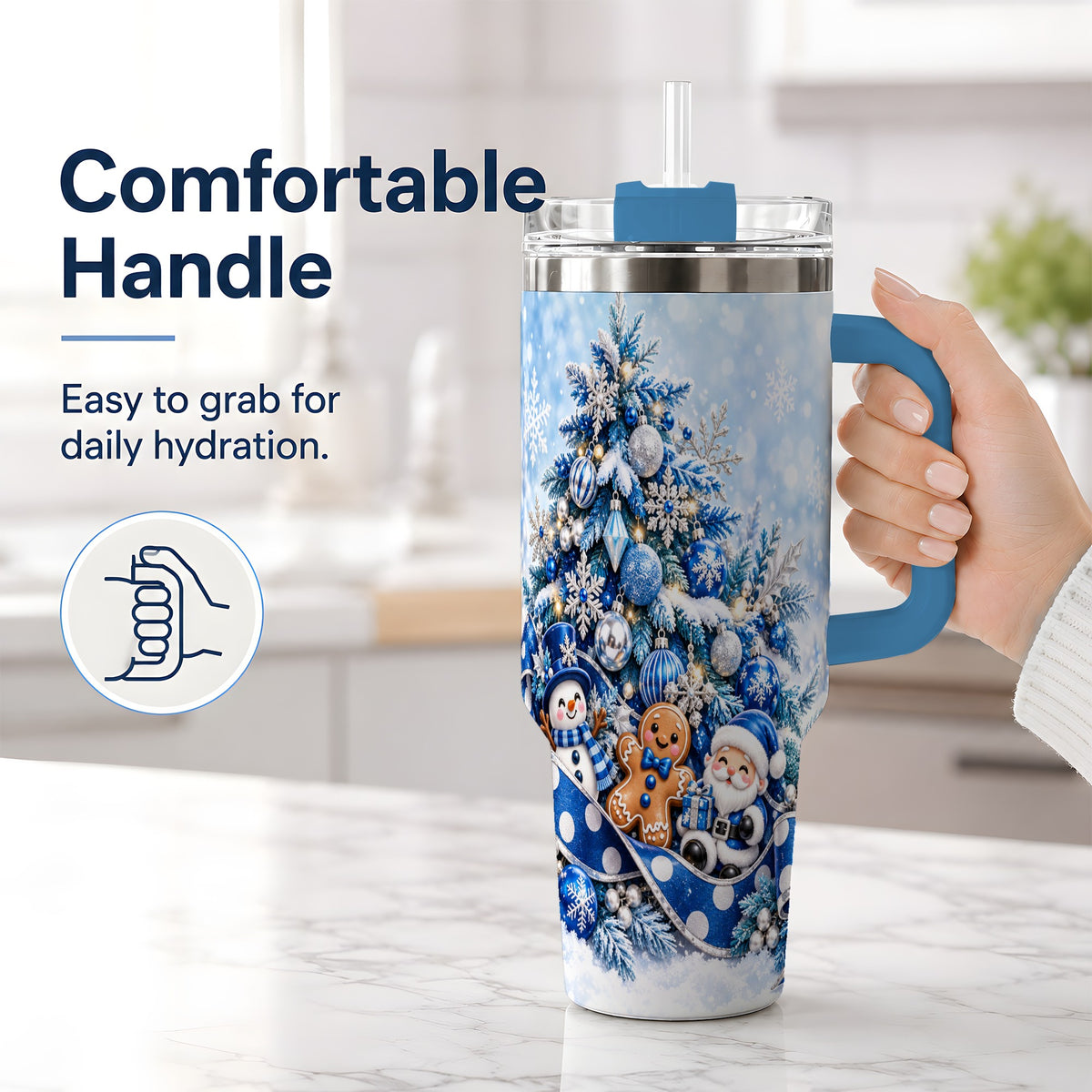 #pl[40oz|Blue] Blue Christmas Tree Tumbler, 40oz Stainless Steel Snowflake Cup