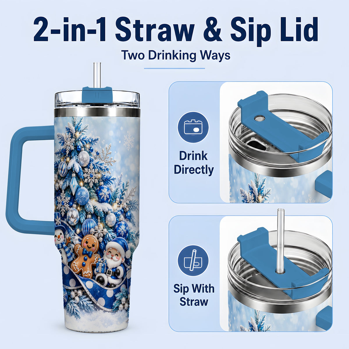 #pl[40oz|Blue] Blue Christmas Tree Tumbler, 40oz Stainless Steel Snowflake Cup
