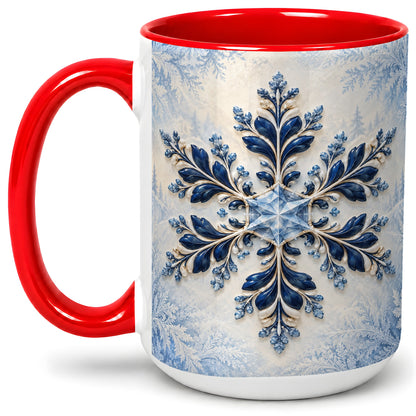 #pl[15oz|Red] Sapphire Blue Snowflake Accent Mug, Ceramic Winter Coffee Cup