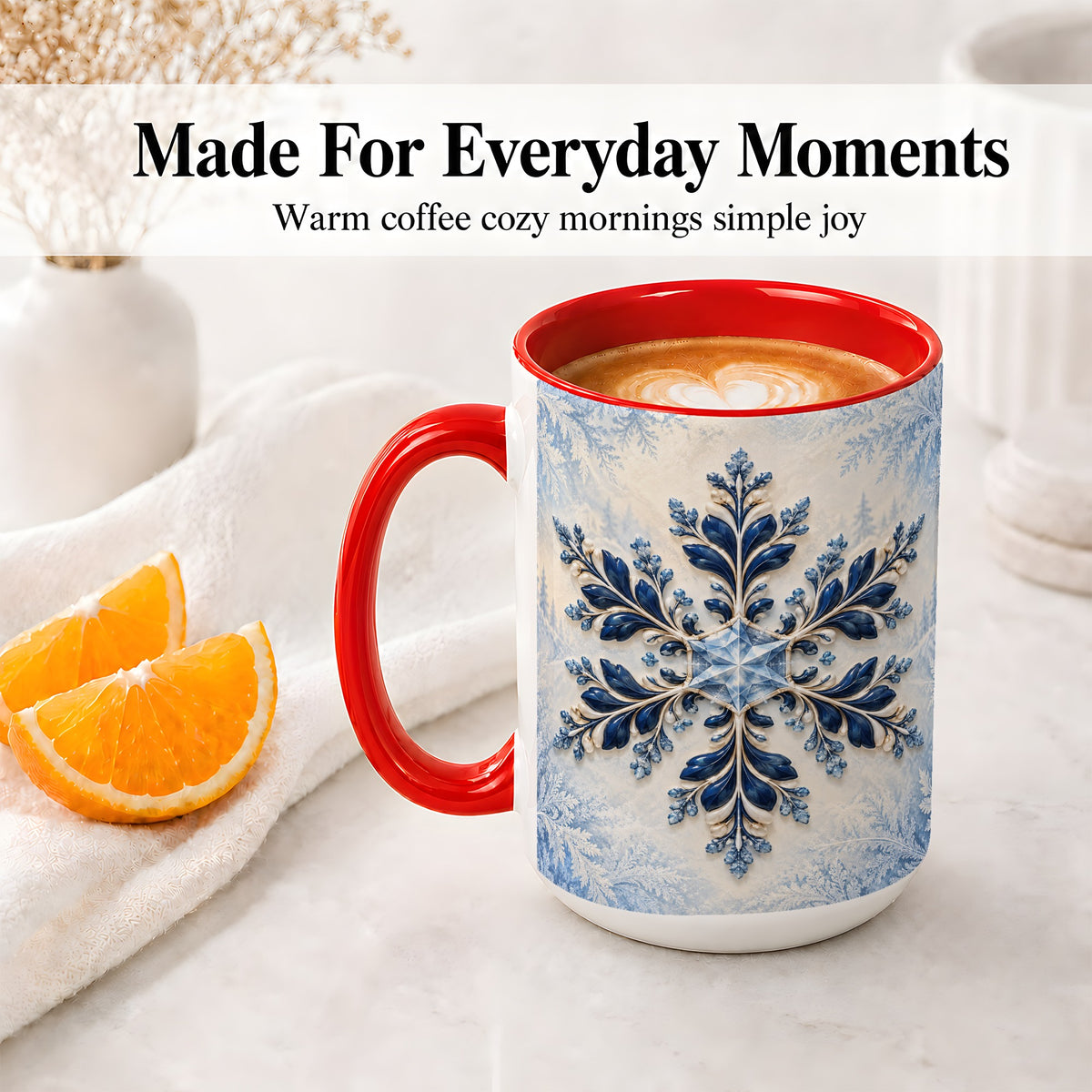 #pl[15oz|Red] Sapphire Blue Snowflake Accent Mug, Ceramic Winter Coffee Cup