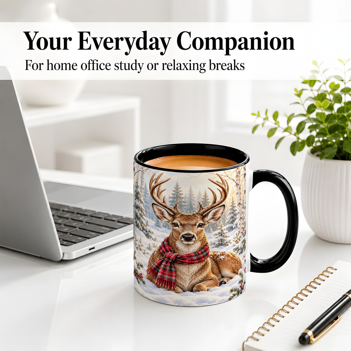 #pl[11oz|Black] Winter Deer Plaid Scarf Accent Mug, Ceramic Woodland Coffee Cup