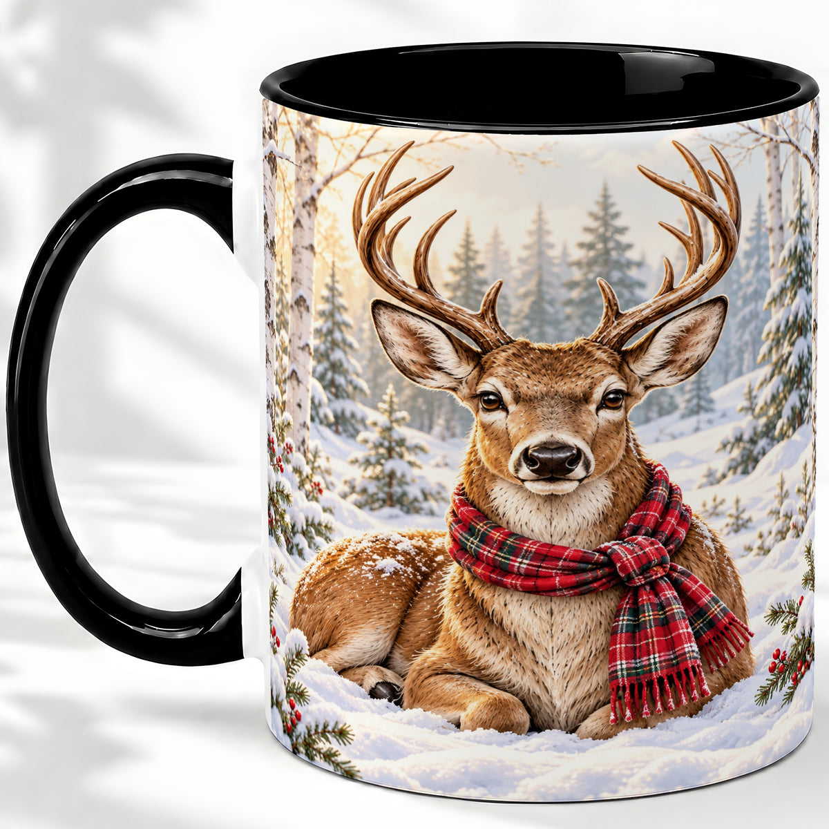 #pl[11oz|Black] Winter Deer Plaid Scarf Accent Mug, Ceramic Woodland Coffee Cup