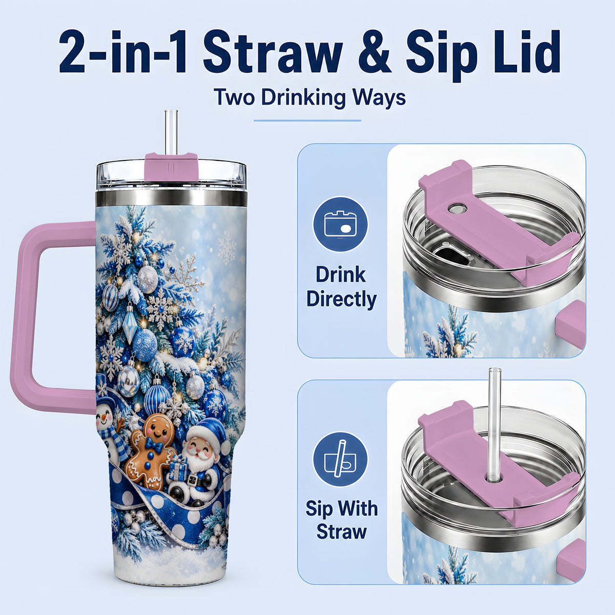 #pl[40oz|Pink] Blue Christmas Tree Tumbler, 40oz Stainless Steel Snowflake Cup