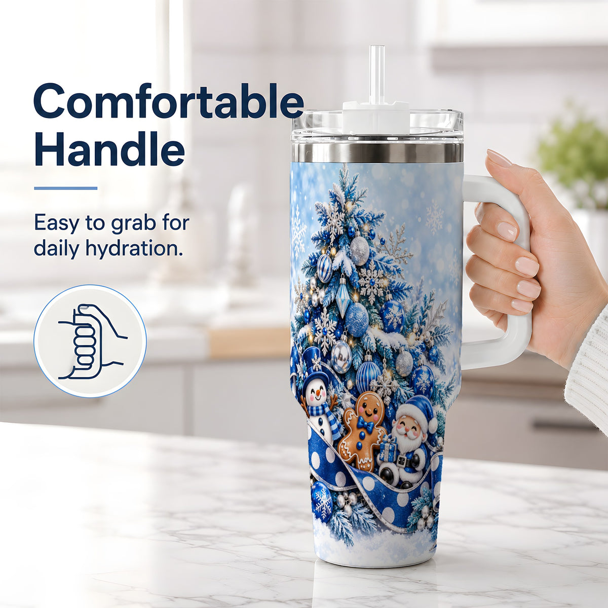 #pl[40oz|White] Blue Christmas Tree Tumbler, 40oz Stainless Steel Snowflake Cup
