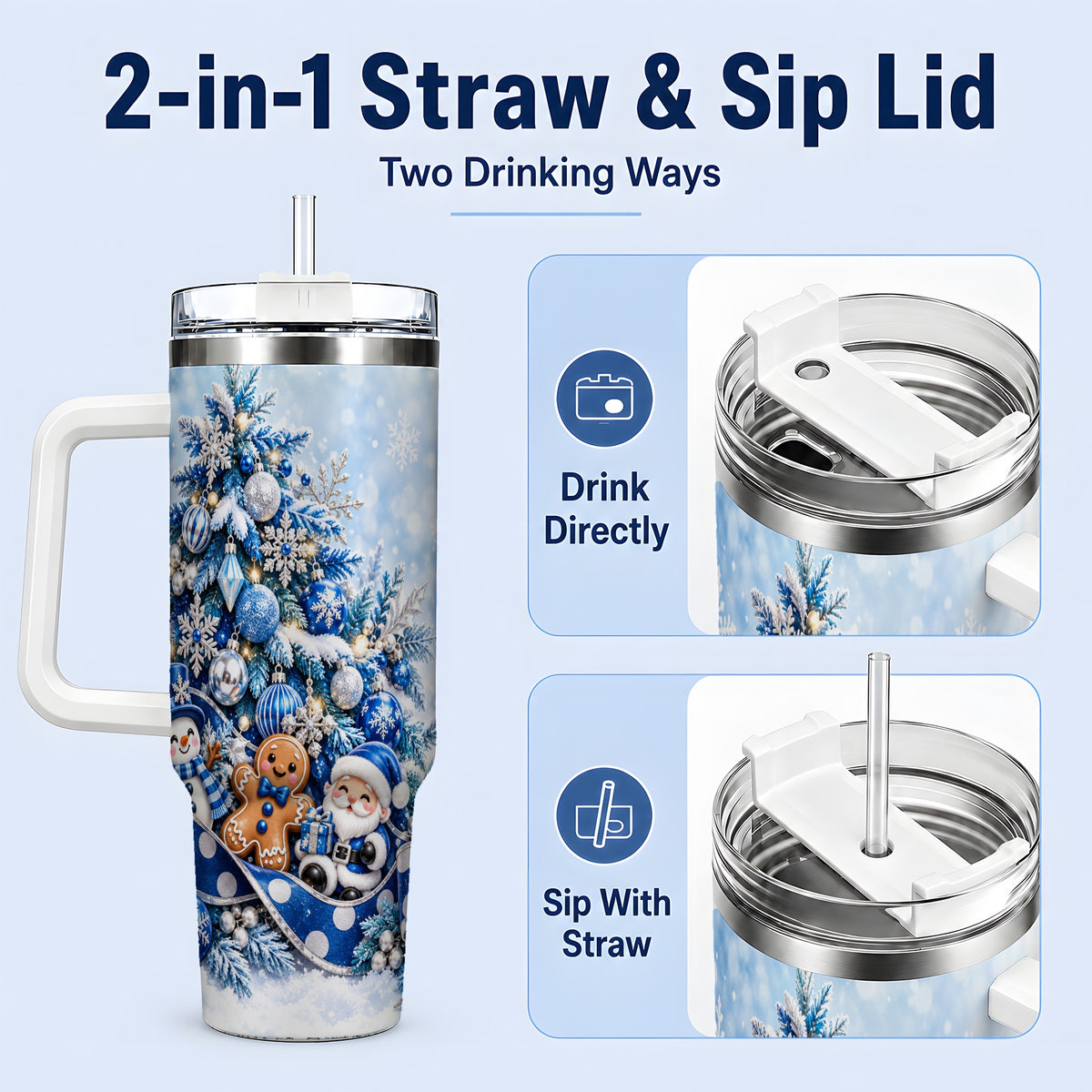 #pl[40oz|White] Blue Christmas Tree Tumbler, 40oz Stainless Steel Snowflake Cup