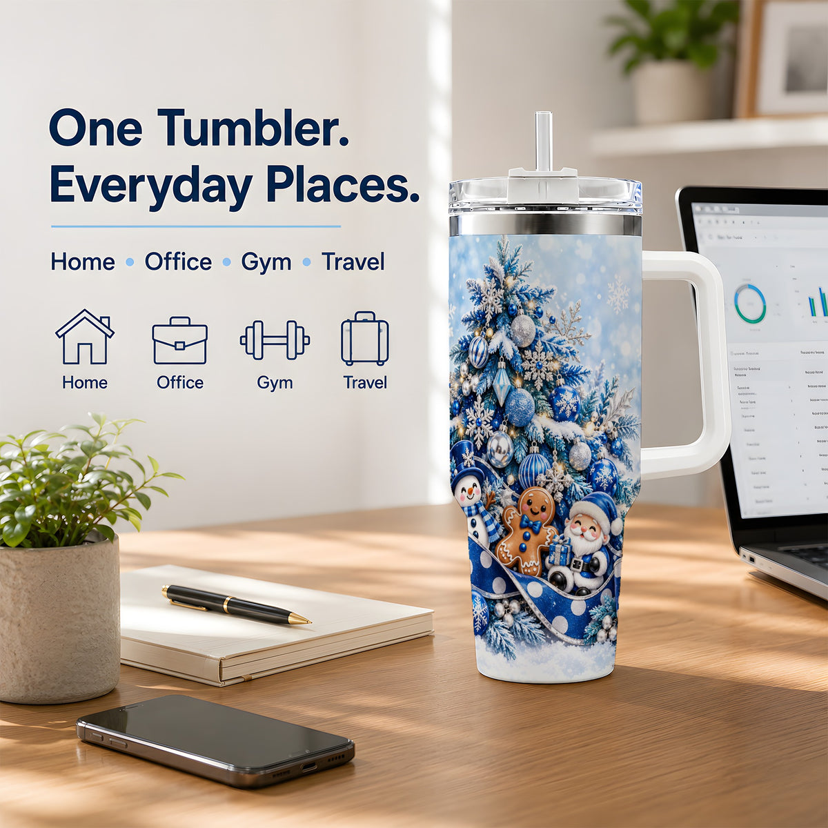 Blue Christmas Tree Tumbler, 40oz Stainless Steel Snowflake Cup