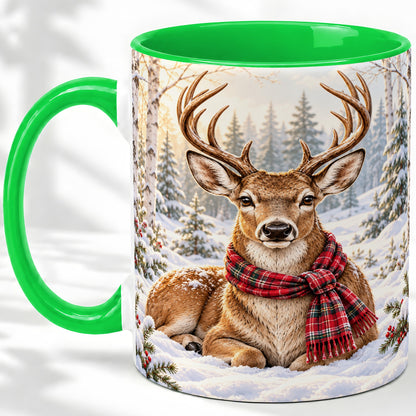 #pl[11oz|Green] Winter Deer Plaid Scarf Accent Mug, Ceramic Woodland Coffee Cup