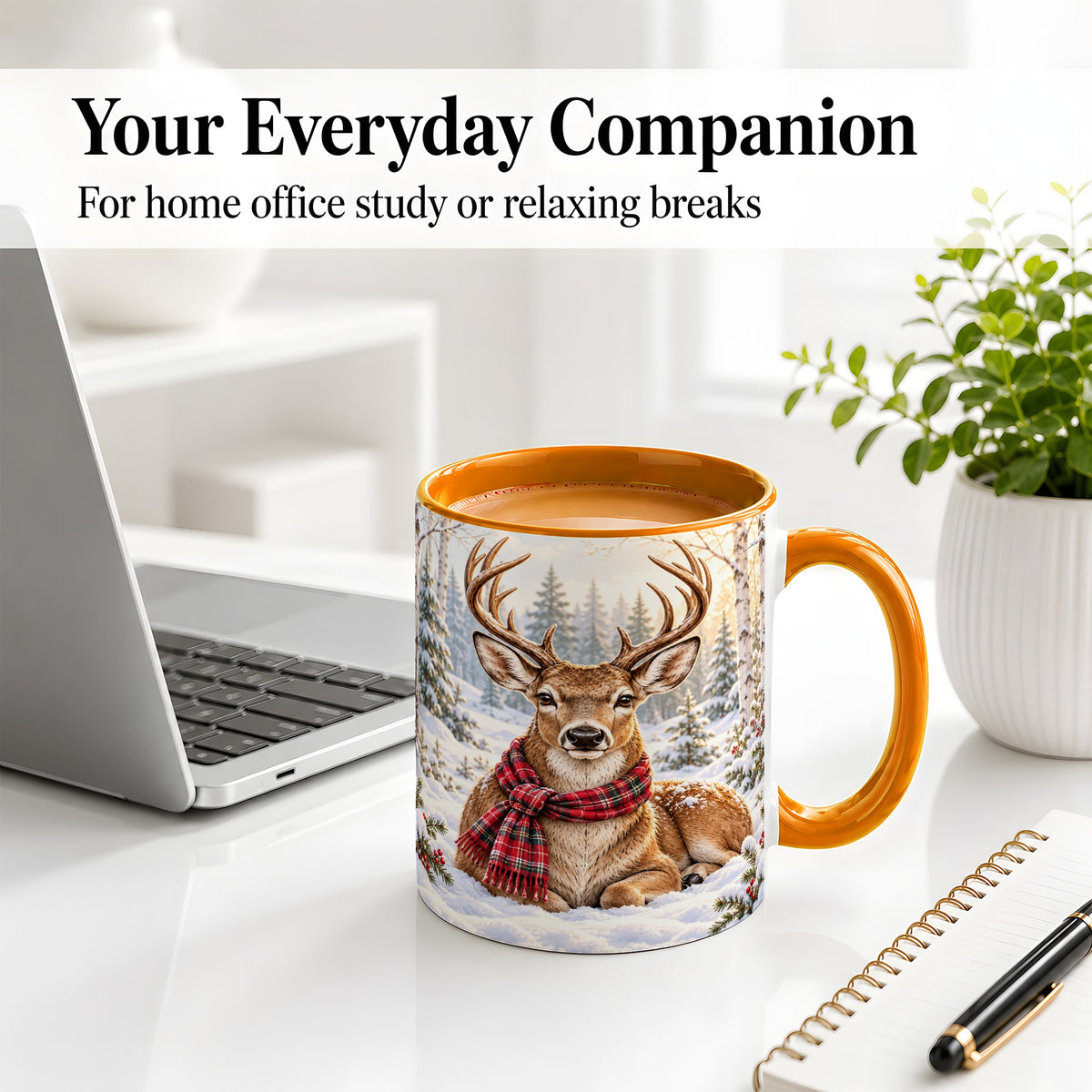 #pl[11oz|Orange] Winter Deer Plaid Scarf Accent Mug, Ceramic Woodland Coffee Cup