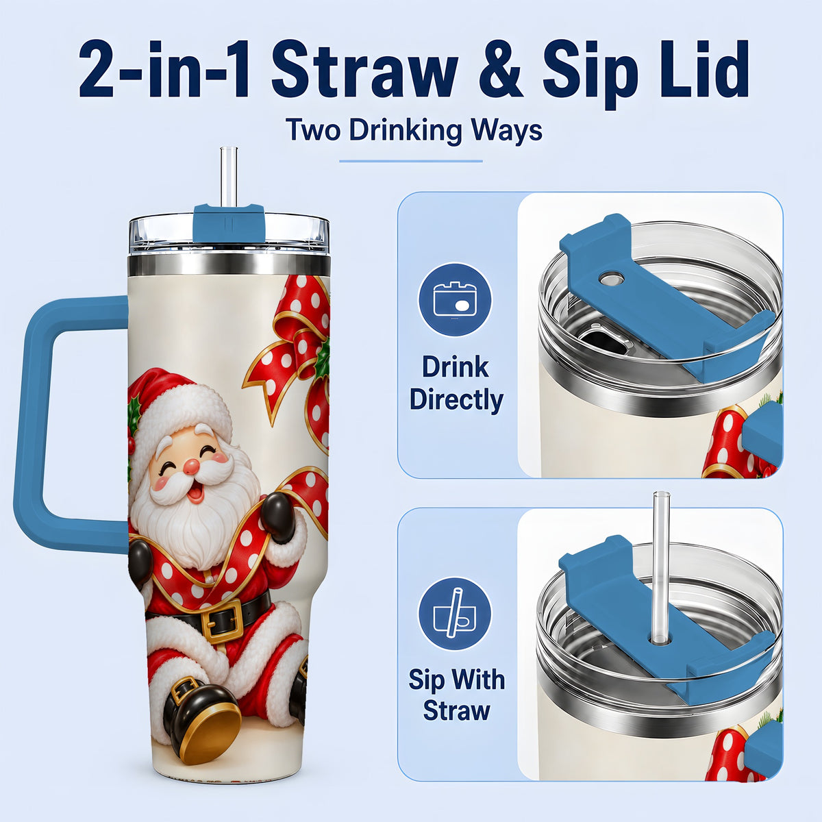 #pl[40oz|Blue] Jolly Santa Claus Tumbler, 40oz Stainless Steel Holiday Drinkware