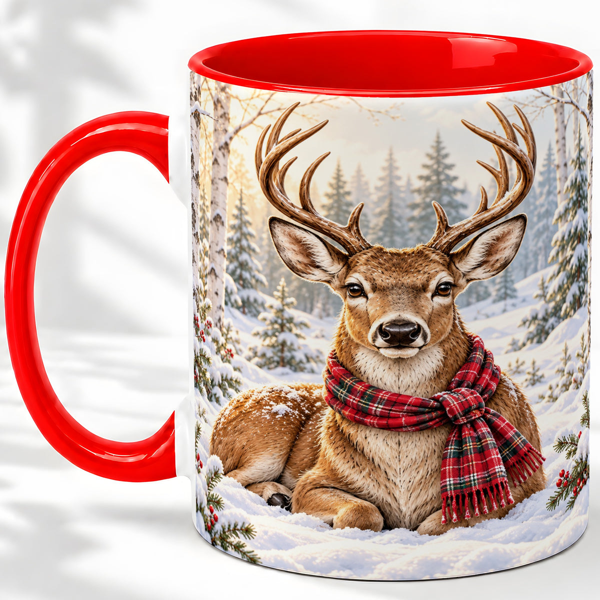Winter Deer Plaid Scarf Accent Mug, Ceramic Woodland Coffee Cup