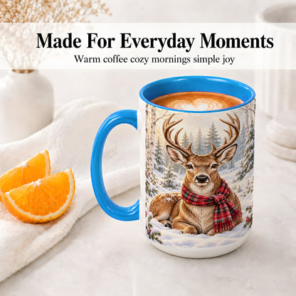 #pl[15oz|Blue] Winter Deer Plaid Scarf Accent Mug, Ceramic Woodland Coffee Cup
