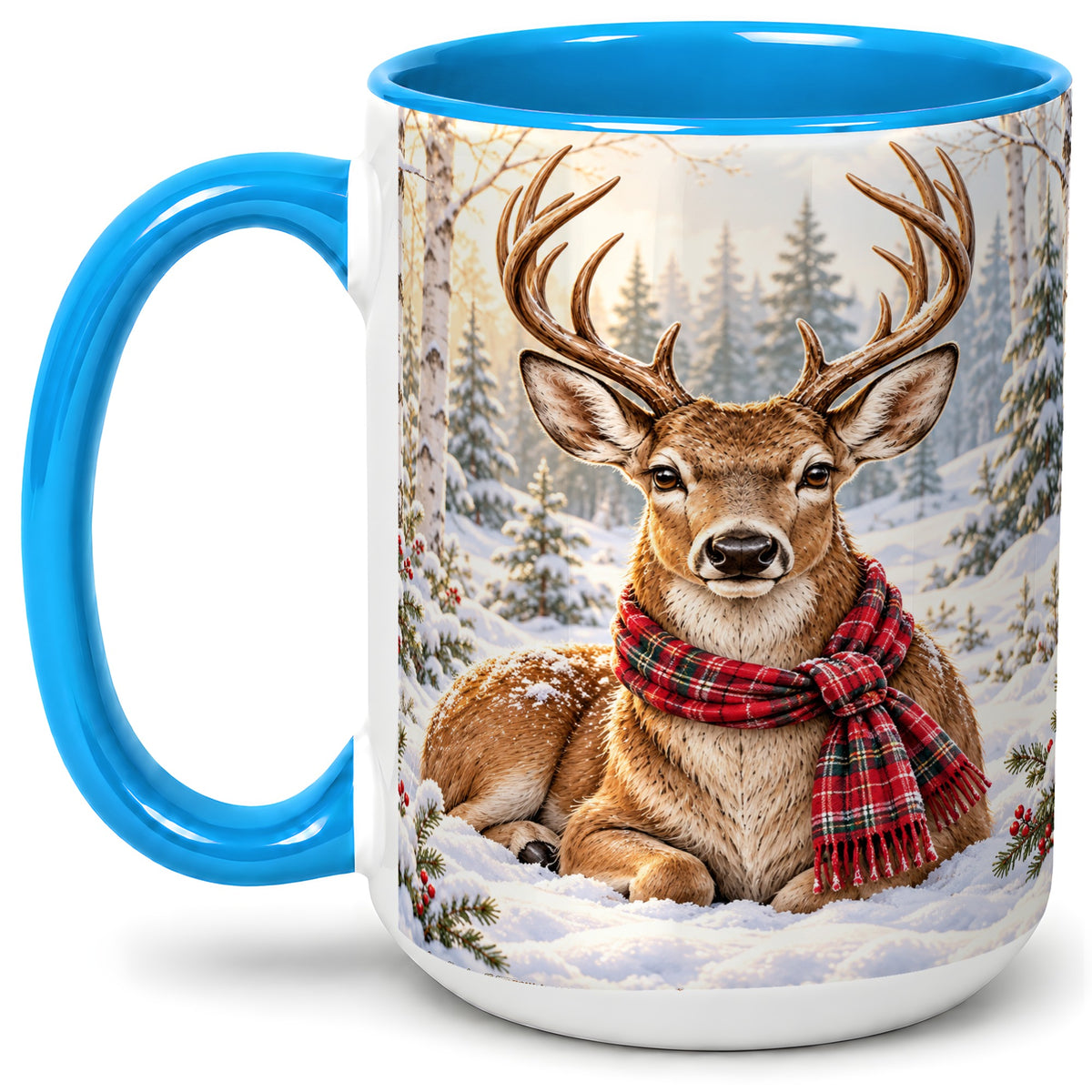 #pl[15oz|Blue] Winter Deer Plaid Scarf Accent Mug, Ceramic Woodland Coffee Cup