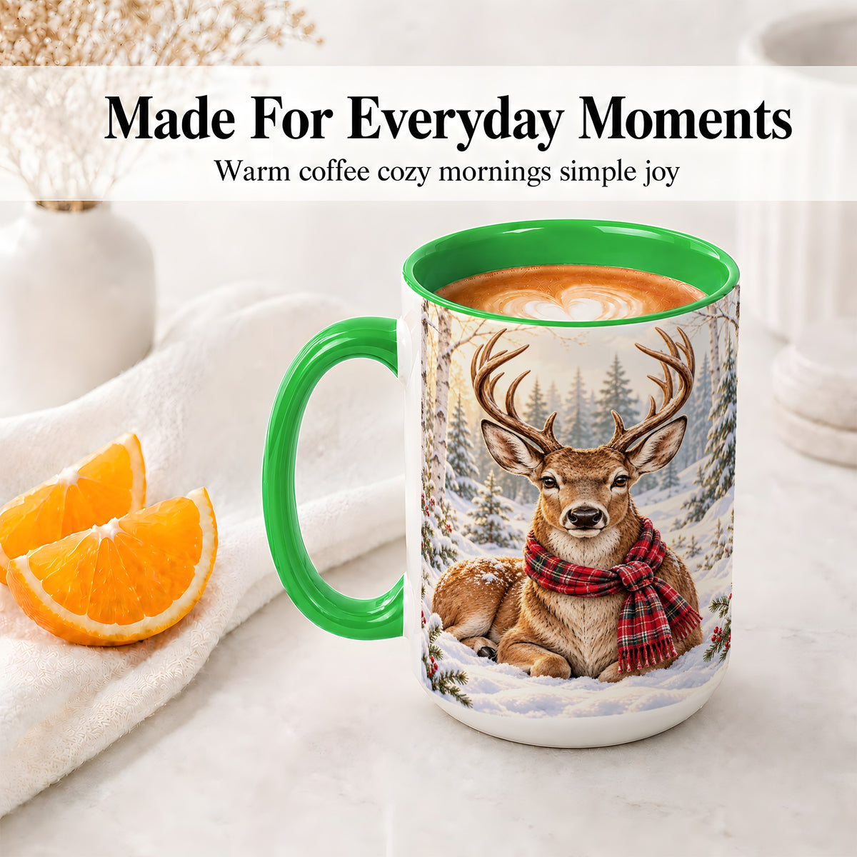 #pl[15oz|Green] Winter Deer Plaid Scarf Accent Mug, Ceramic Woodland Coffee Cup